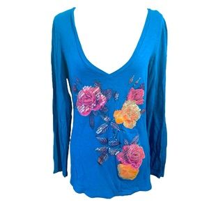 American Eagle Outfitters Deep V Sequin Embellished Floral Long Sleeve Tee XL